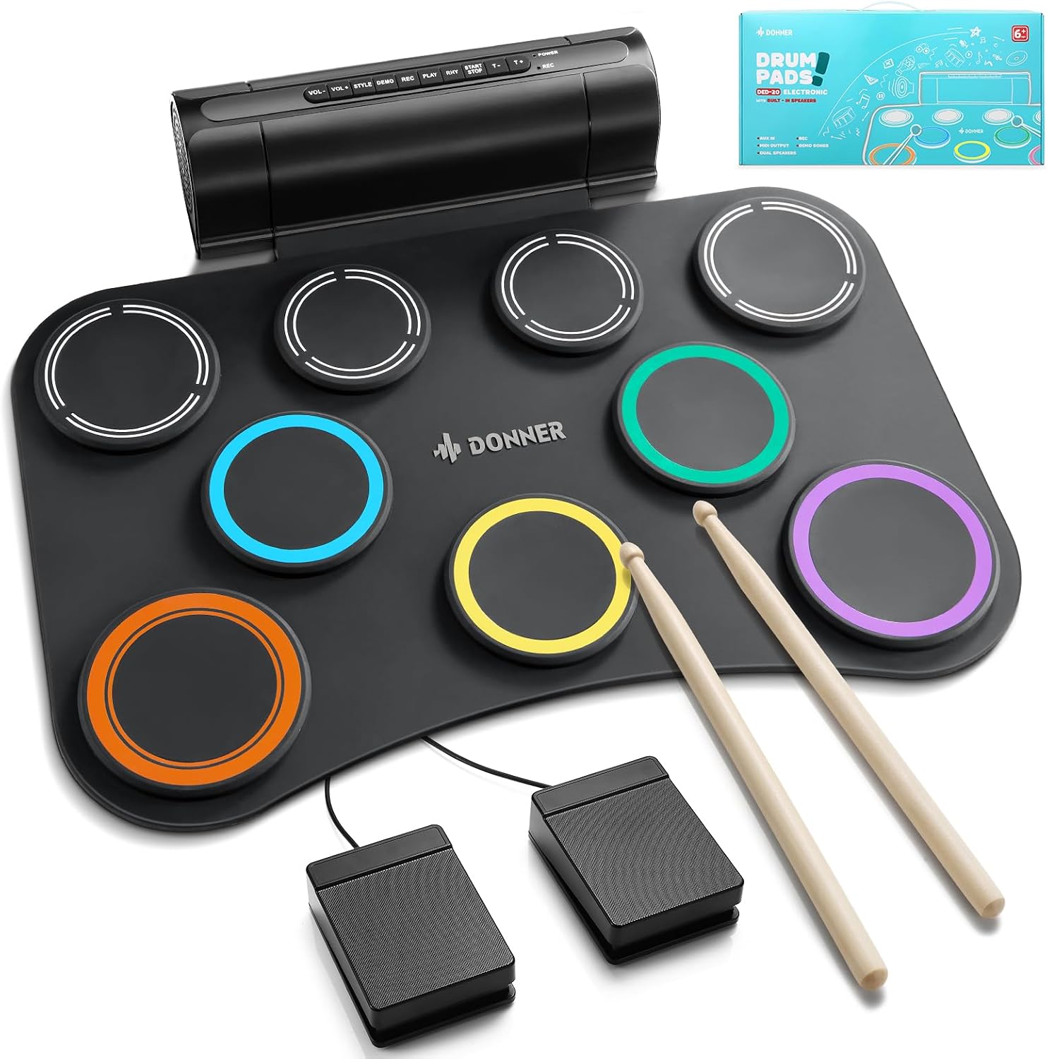 Donner Electronic Drum Set, 7 Pads Electric Drum Pad Roll Up Quiet Drum Pad Built-in Speaker, 40 Drum Lessons Included, Kids Holiday Christmas & Birthday Gift Instrument Toys(DED-20)