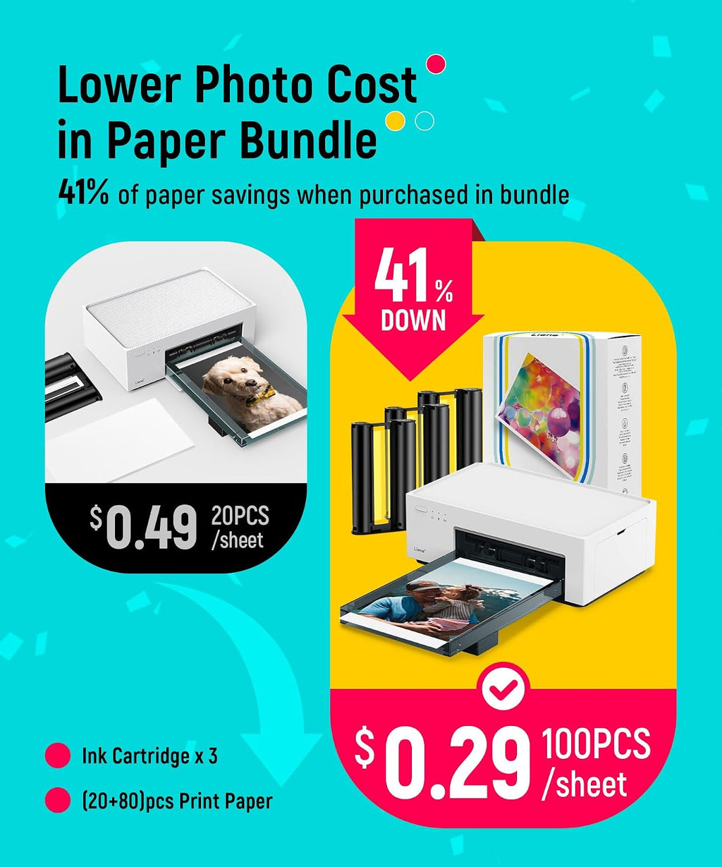 M100 4x6'' Photo Printer, Phone Printer 100 Sheets & 3 Cartridges, Full-Color Photo, Portable Instant Photo Printer for iPhone Android, Thermal Dye Sublimation, Wi-Fi Picture Printer 100 Papers