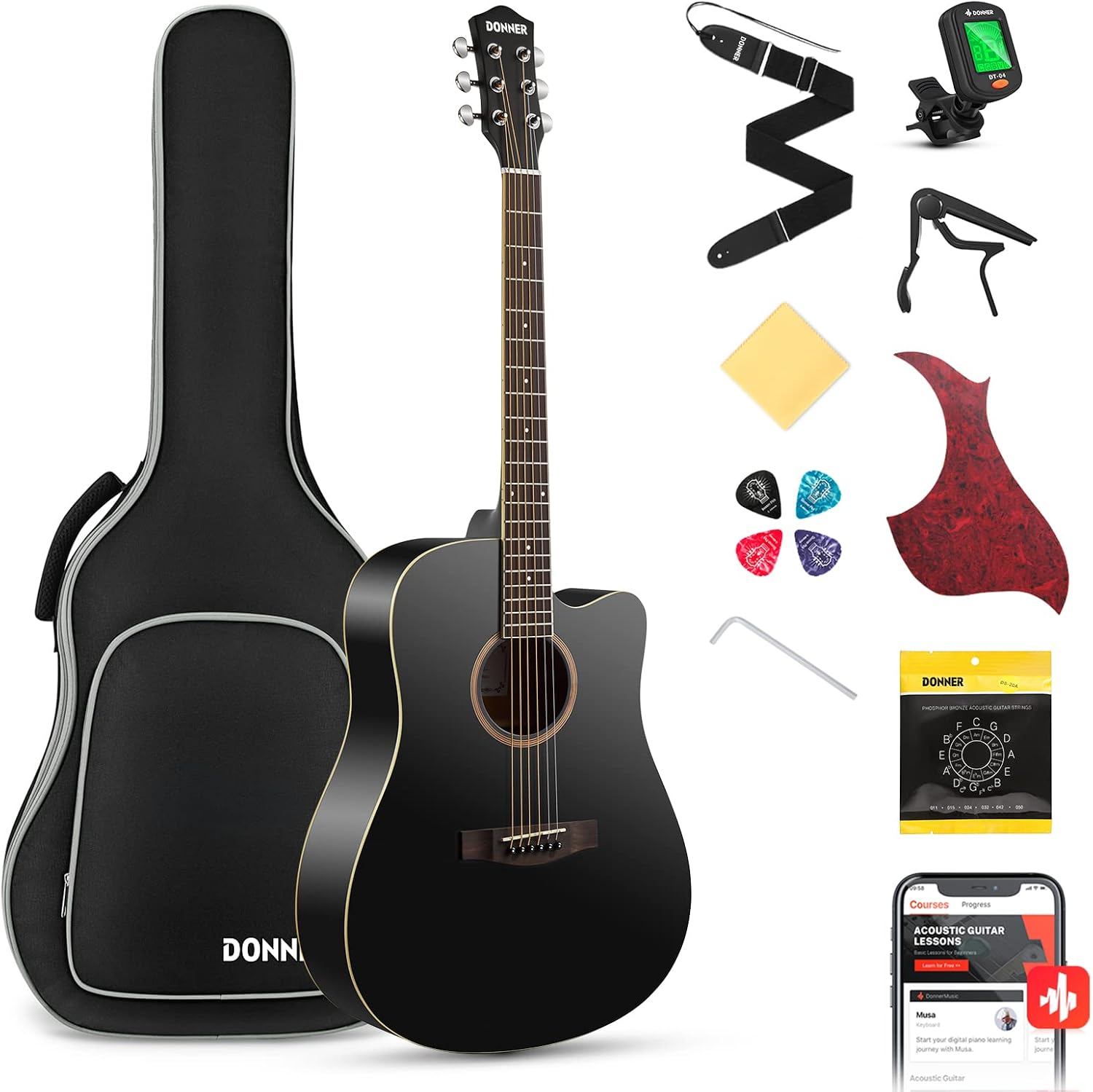 Donner 41” Acoustic Guitar Bundle for Beginners Adults with Online Lesson, 4/4 Full Size Steel Acustica Guitarra with Gig Bag, Tuner, Strap, Strings, Picks, Capos, Cutaway, Natural, DAG-1C/DAD-110C