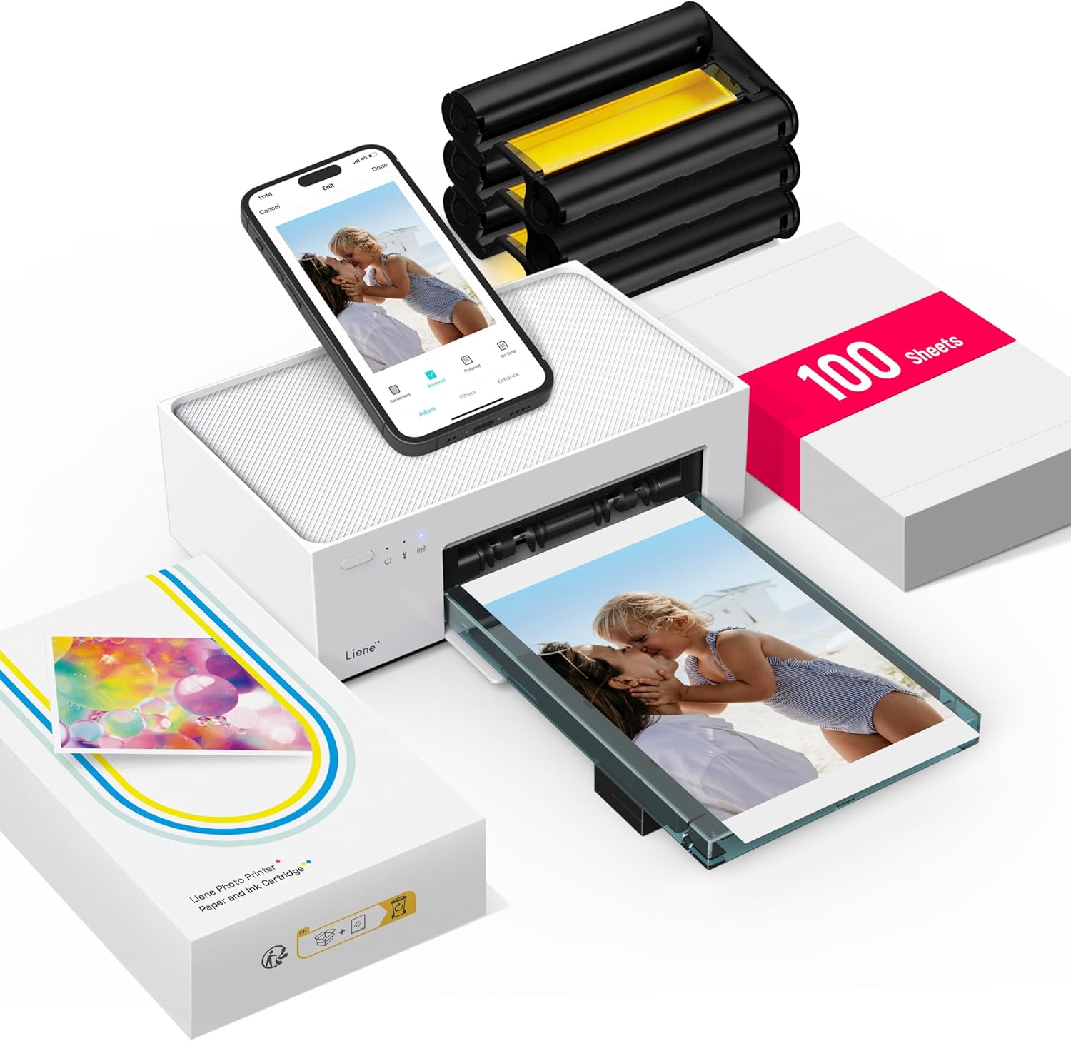 M100 4x6'' Photo Printer, Phone Printer 100 Sheets & 3 Cartridges, Full-Color Photo, Portable Instant Photo Printer for iPhone Android, Thermal Dye Sublimation, Wi-Fi Picture Printer 100 Papers