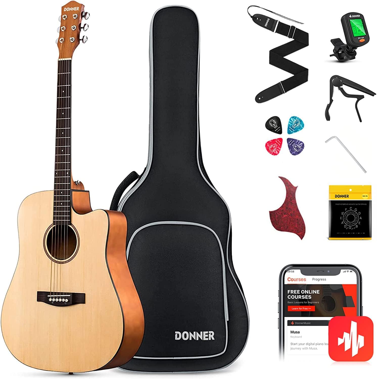 Donner 41” Acoustic Guitar Bundle for Beginners Adults with Online Lesson, 4/4 Full Size Steel Acustica Guitarra with Gig Bag, Tuner, Strap, Strings, Picks, Capos, Cutaway, Natural, DAG-1C/DAD-110C