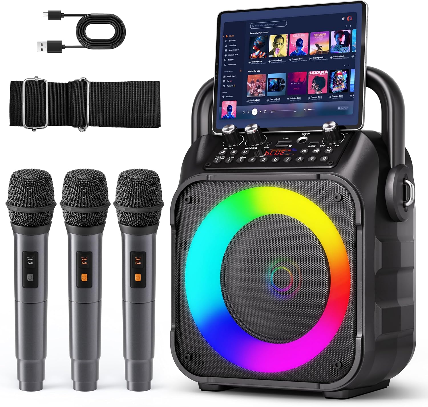 Karaoke Machine, Portable Bluetooth Speaker with 2 Wireless Microphones for Adults & Kids with Lights, Karaoke Microphone with PA System Supports USB/TF/REC/FM/AUX for Home Party Home System Packages